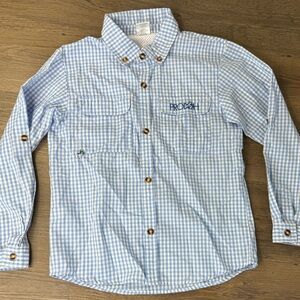 ProDoh Boys Light Blue White Gingham Button Down Fishing Shirt, size Med (10-12)